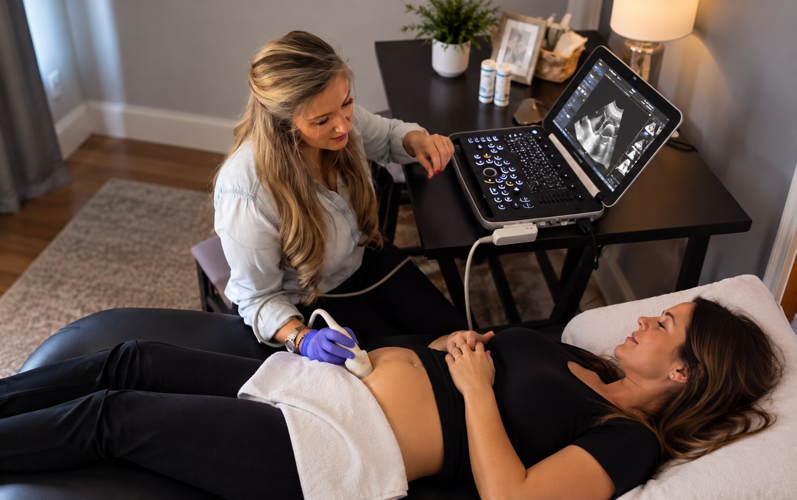 Illustration of an in-home ultrasound visit with an AI-generated patient
